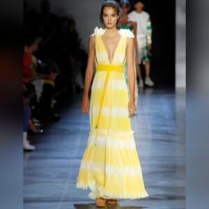 ◇$4,000 PRABAL GURUNG YELLOW TADIA PLISSE LONG RUNWAY DRESS GOWN US 4, 8